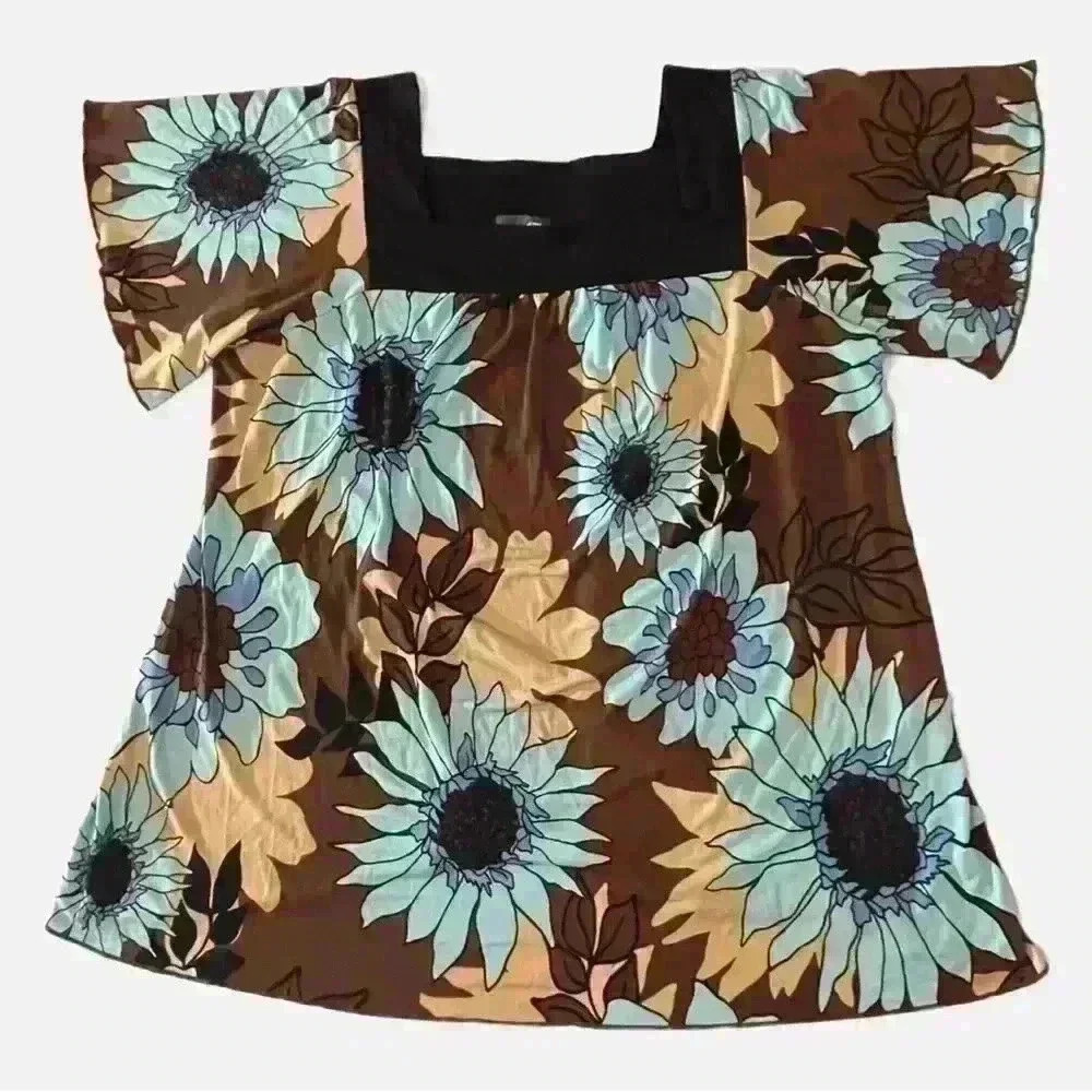 Vintage Y2k Blouse Art Floral Flowers Contrast Bell Sleeve Sunflowers Size XL